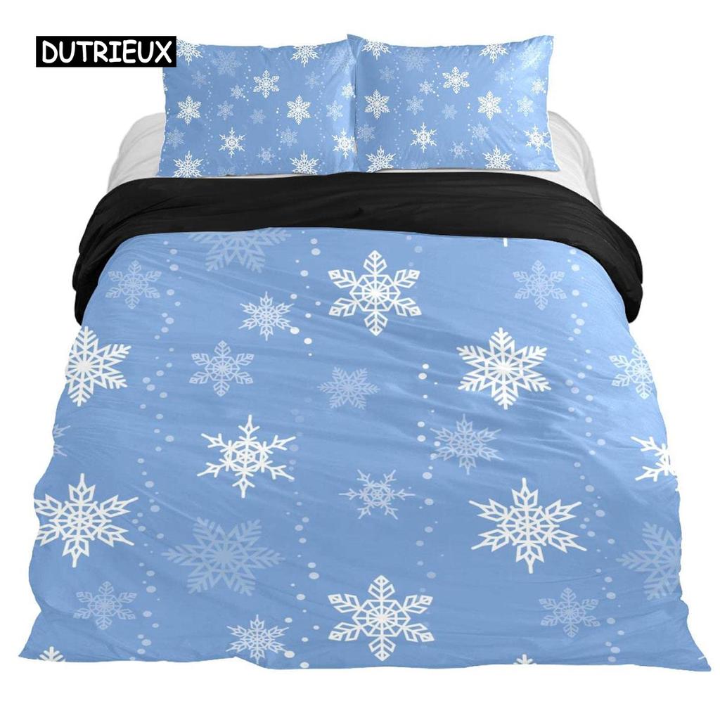 Snowflake Duvet Cover Set Winter Theme Christmas Illustration Cold Weather Season Twin Bedding Set King Size Soft Quilt Cover