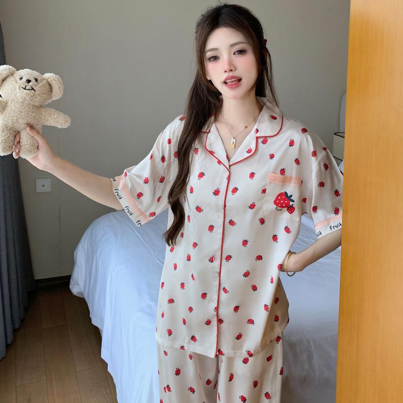 Strawberry Print Summer Thin Ice Silk Pajamas Girls Short Sleeves Trousers Wind Cardigan Lapel Loungewear Real Shot