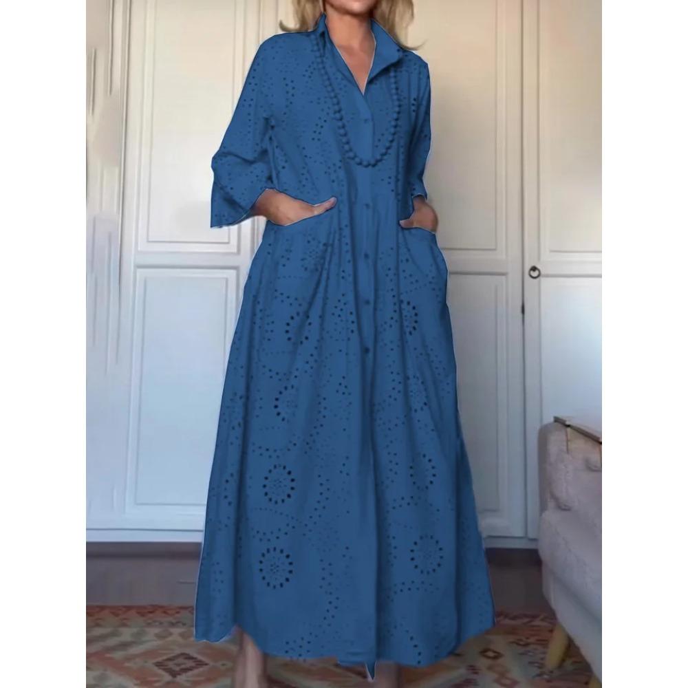Spring and Autumn Solid-color Shirt Collar Loose Embroidered Cutout Large-sized Shirt Dress