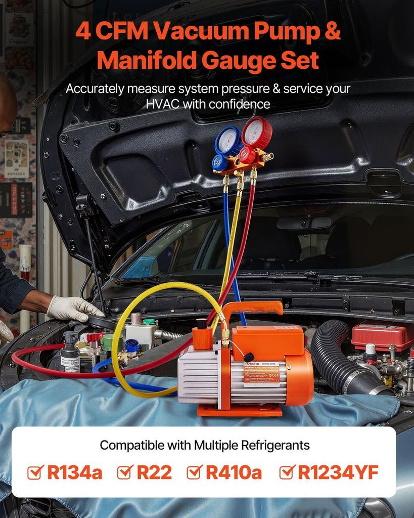 115 L/min AC Vacuum Pump and Gauge Set, Single Stage, Rotary Vane HVAC Air Vacuum Pump, A/C Refrigerant Manifold Gauge Kit, with Leak Detector, Carry