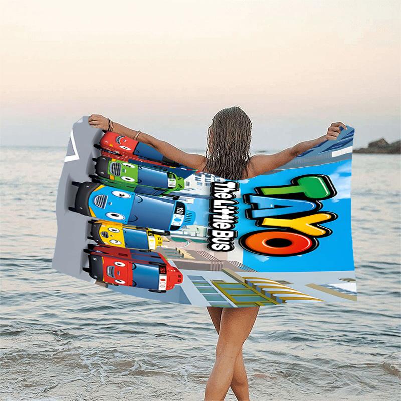 1pc Tayo The Little Bus1 Beach Towel, Beach and Seaside Swimming Pool Equipment, Fashion Pattern, Rectangular, Travel Essentials