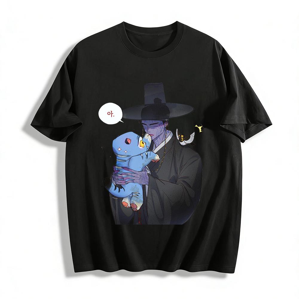 

Korean Style Blue-faced Official Holding Blue Tiger Printed Casual Top Pure cotton T-shirt 6XL
