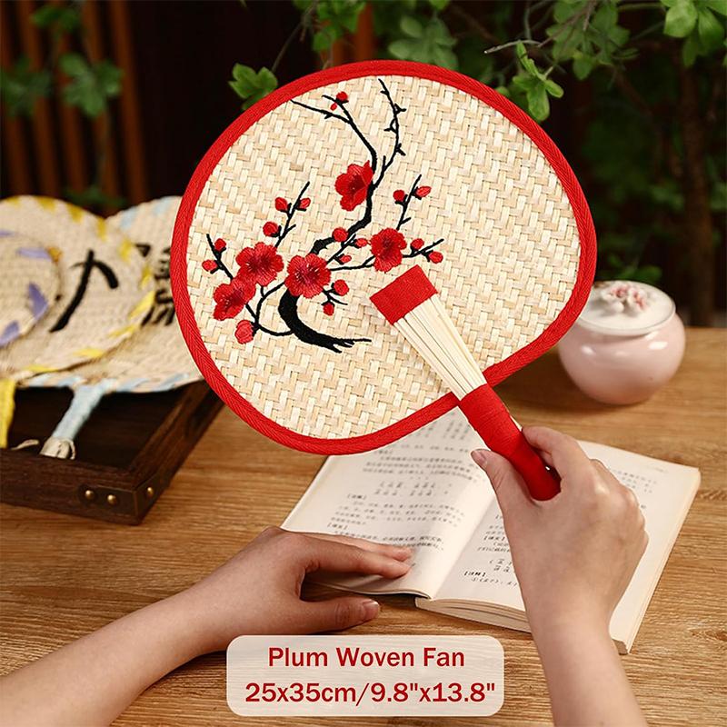 Retro Palm Fan For Summer Home Hand-Woven Straw Fans Bossom Plum Flower Embroidery Summer Cooling Hand Fan
