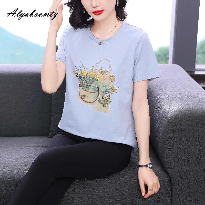 

Plus Size Summer Women Basic Cotton Top O Neck Pink White Blue Embroidery Ladies T-Shirt Short Sleeve Casual Loose Tee 4XL синій