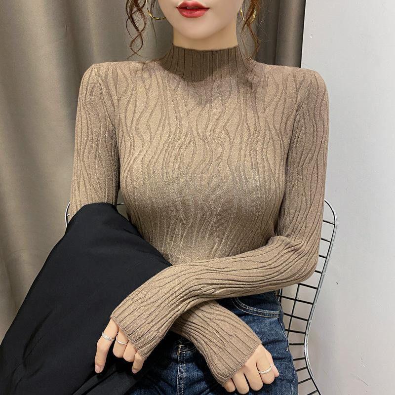Autumn/Winter Women's Slim Fit Long-Sleeve Knitted Sweater with Semi-High Collar