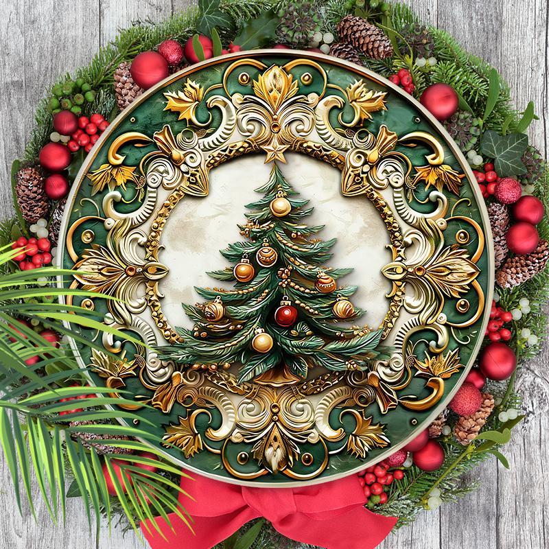 Wooden Christmas Sign with Christmas Tree Pattern - Navidad Round Sign for Front Door Wall Hanging Decor - Ideal Christmas Decoration