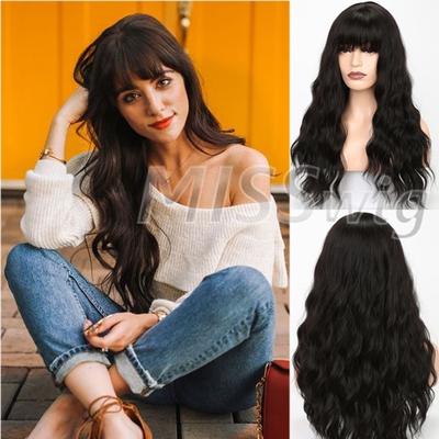 Modische Damen-Perücke mit langem, gewelltem Haar und Pony, schwarz, braun, blond, Kunstfaser-Perücke mit Pony, für Party und Alltag