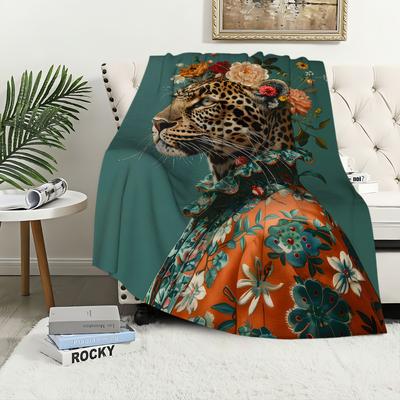Leopard Wreath Animal Portrait Blanket Flannel Warm Comfort Soft Plush Blanket For Picnic Beds Sofas Homes And Bedrooms