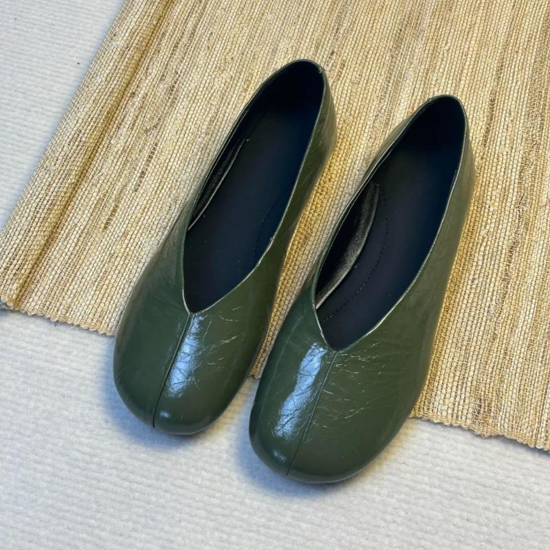 Cowhide version~ retro simple round head shallow mouth flat bottom ballet shoes women's new versatile commuter shoes single shoes