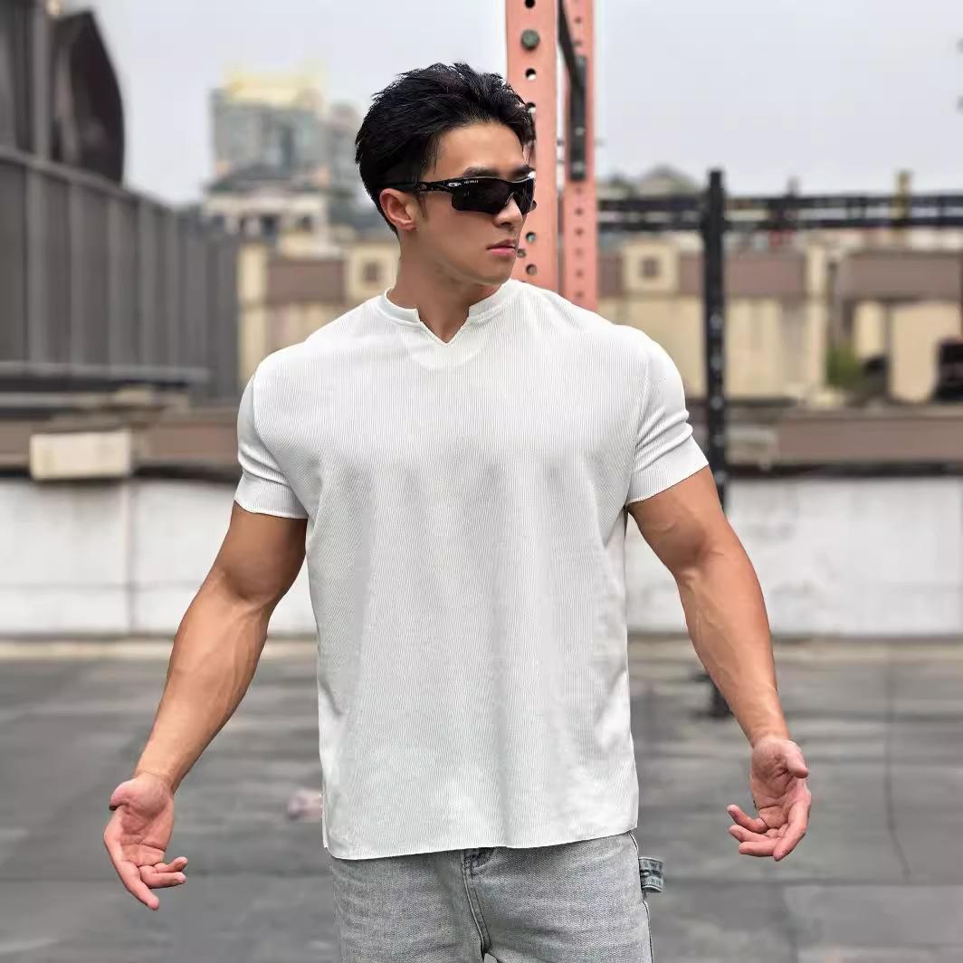 Мужская спортивная футболка с коротким рукавом, свободная, повседневная, однотонная, с V-образным вырезом M белый