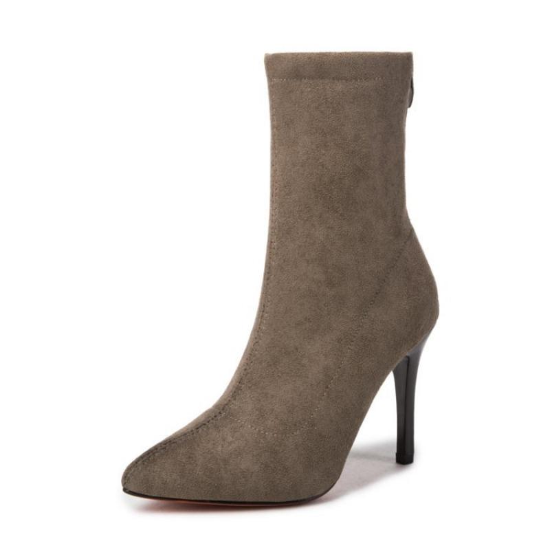 Back zipper pointed short boots for women, slim heels, suede, slim legs, high heels, elastic