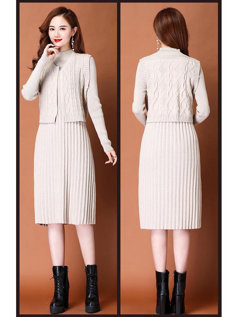 2025 Autumn/Winter Women's Elegant Knit Two-Piece Mid-Length Wool Dress Set