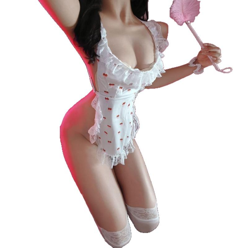 Sexy Cherry Lace Pure Maid Sweet Pajamas Sexy Lingerie Seduction Suit Apron Maid Uniform