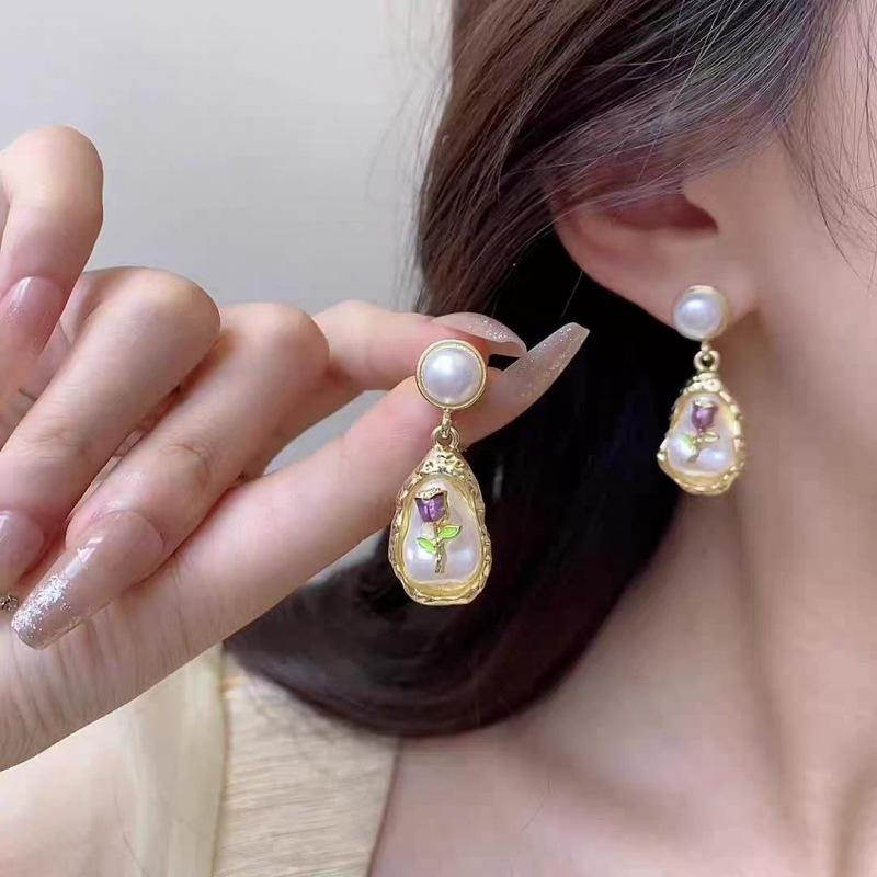 

Vintage High-end Pearl Flower Earrings With Versatile Temperament Earrings One Size белый