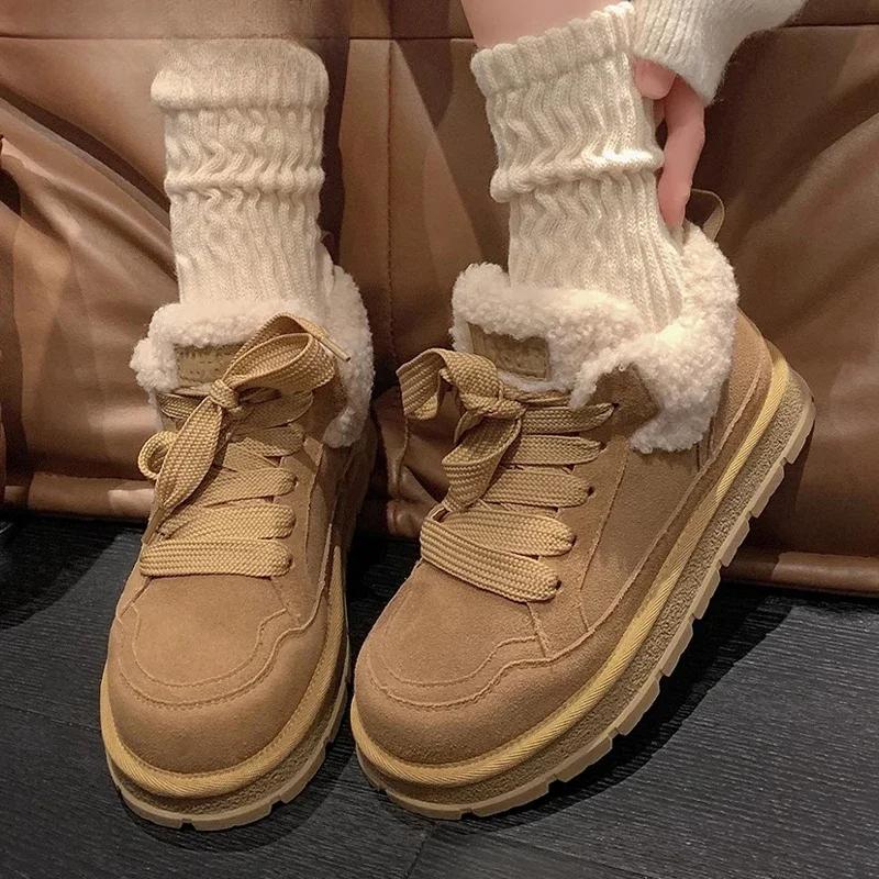 

Ботильоны женские на меху на платформе, замшевые туфли на плоской подошве, теплая обувь, повседневные зимние ботинки, женские трендовые короткие плюшевые удобные кроссовки 38