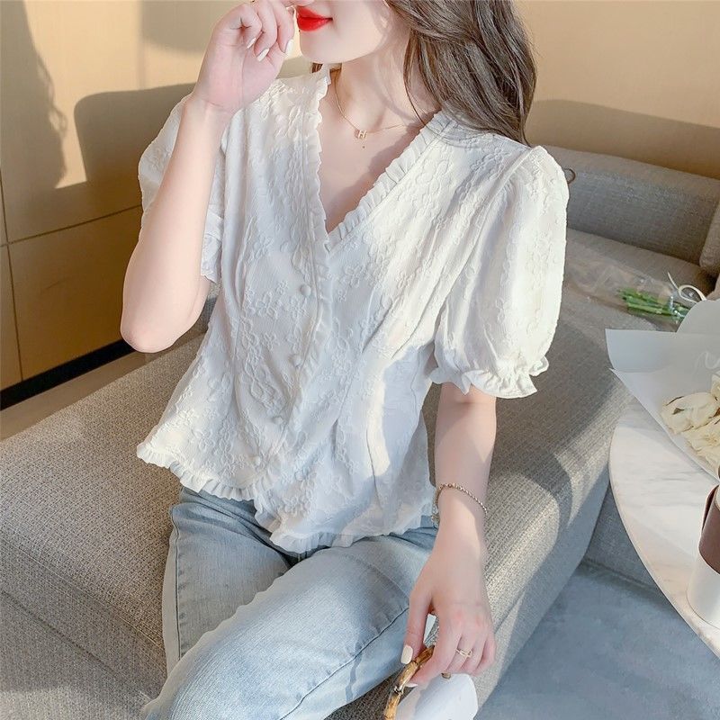 Chiffon Shirt for Women's Design Niche Ruffle Short Sleeves Temperament Commute Leisure