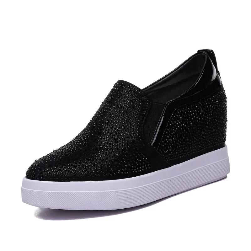 

Модные Высококачественные 7СМ Кроссовки на Платформе и Танкетке Обувь Натуральная Кожа Блестящие Слипоны Весна Осень Женские Модные Кроссовки Повседневная обувь 34 чёрный