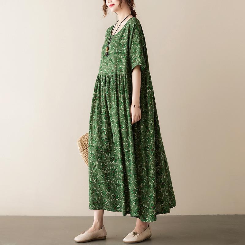 Real shot summer new literary large size loose printing round neck short sleeve dress women's long dress