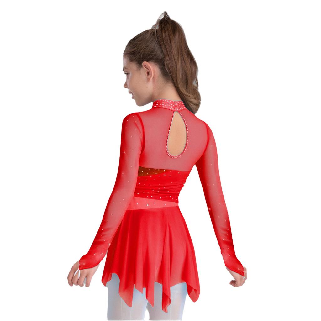 Girls Lyrical Dance Costume Mock Neck Long Sleeve Sparkly Rhinestones Mesh Dress