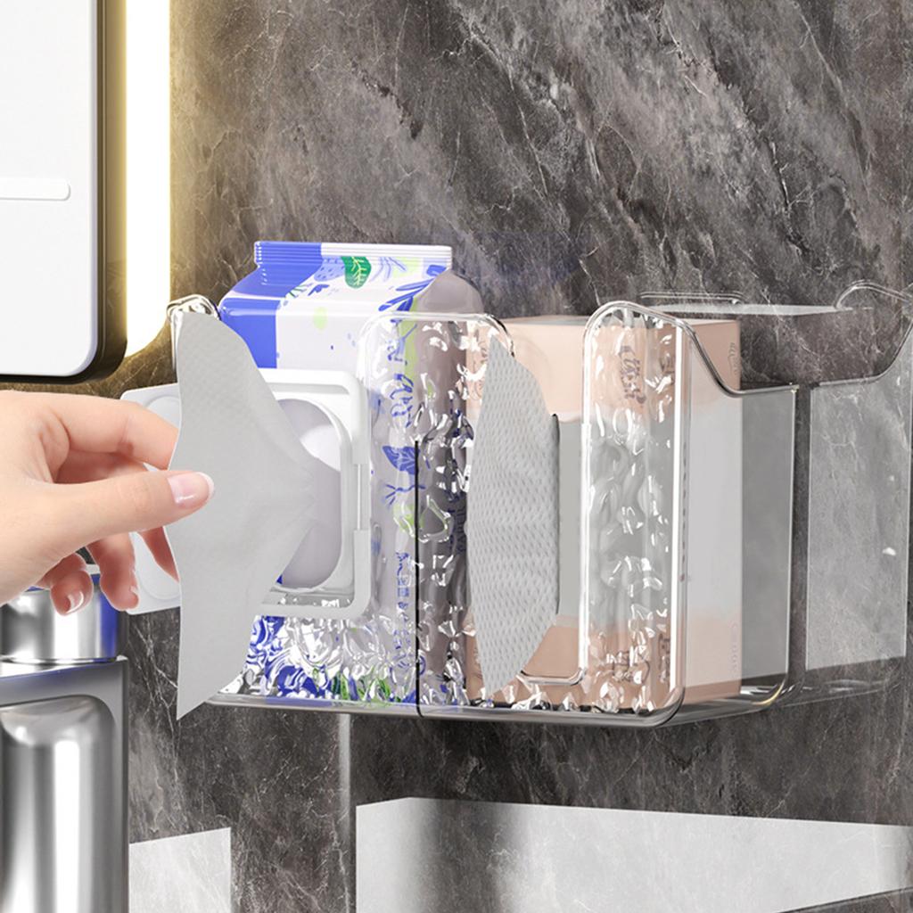 Two Section Adhesive Tissue Storage Box Transparent Bathroom Dispenser with Duals Compartment Wet Wipes Container
