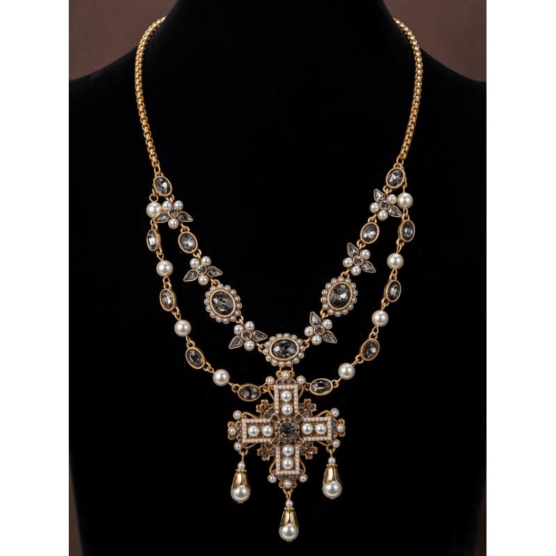 

Vintage Cross Pearl Tassel Necklace With Light Luxury Temperament Medieval Pendant Women