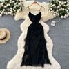 Muse Fan Design Sense Careful Machine Kink Suspender Dress Women's Summer Pleated Waist Irregular Long Dress