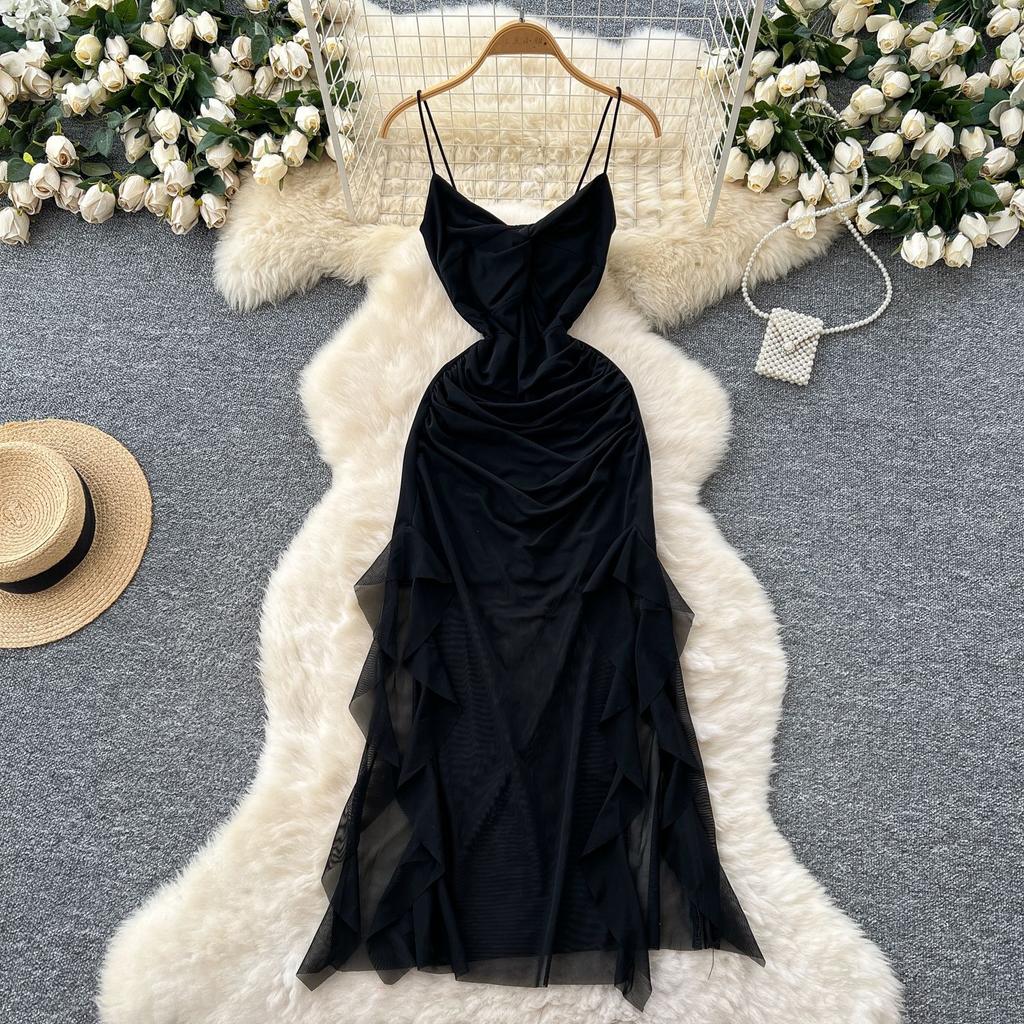 Muse Fan Design Sense Careful Machine Kink Suspender Dress Women's Summer Pleated Waist Irregular Long Dress