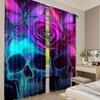 2Pcs Hippie Sugar Skull Curtains Pink Rose Floral Curtains Gothic Skeleton Happy Halloween Curtains For Living Room Dining Room