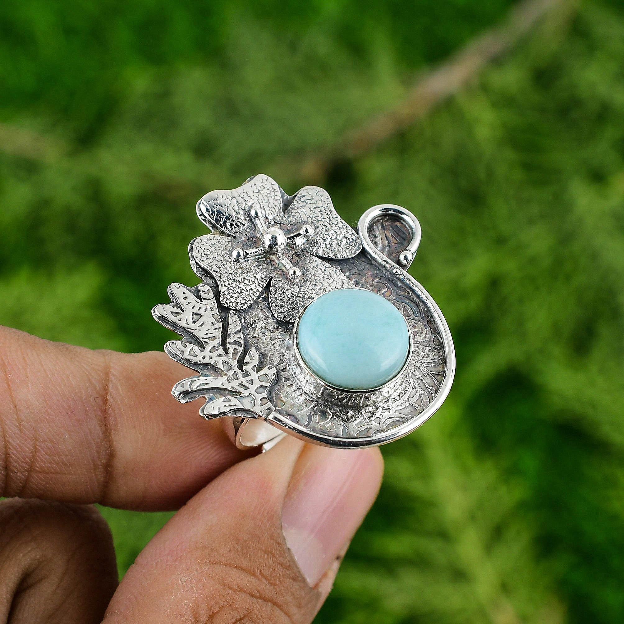 

Подарок для нее Натуральный ларимар, кольцо-цветок с несколькими камнями, регулируемое, серебро 925 пробы Adjustable