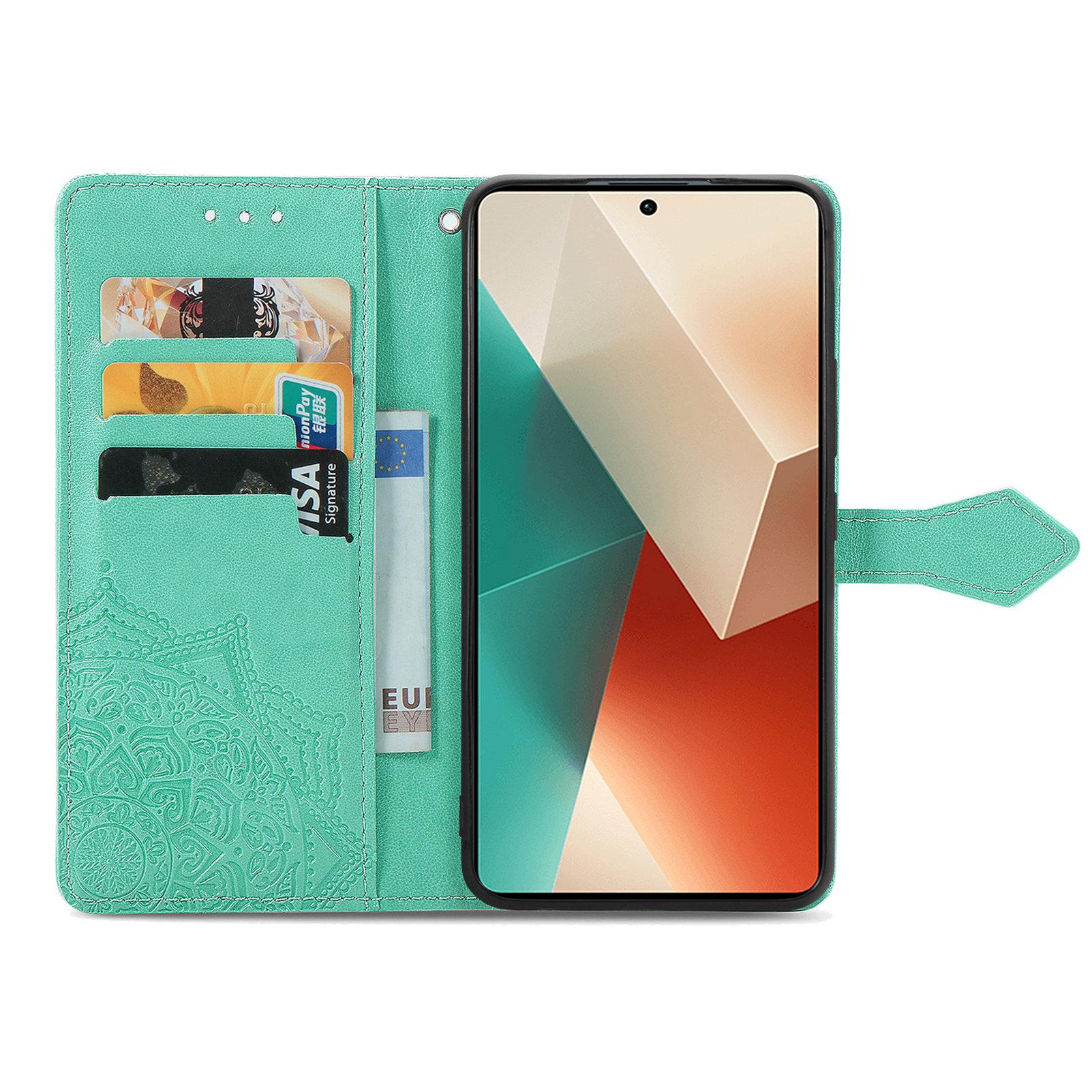 

For Xiaomi Redmi Note 13 4G Leather Case Wallet Card Slots Phone Cover Mandala Embossed Green