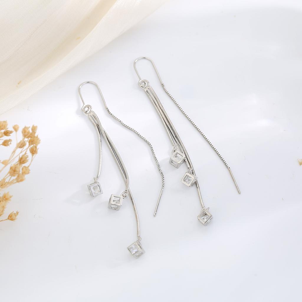 Long temperament square cube pendant earline fringed earrings women's simple earline fashion stud earrings