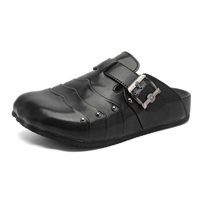 

Модные летние слипоны-полуботинки для мужчин, уличный стиль, кожаные шлепанцы, повседневные дышащие мужские полусабо, удобные простые лоферы, мокасины 46 чёрный