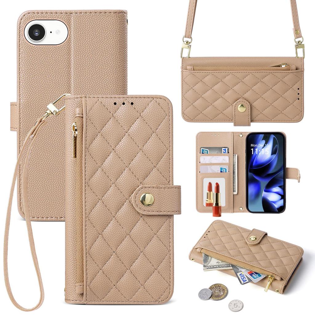 iPhone16e French Style Wallet Case: Card Slot, Zipper, Shoulder & Hand Straps, Crossbody Leather