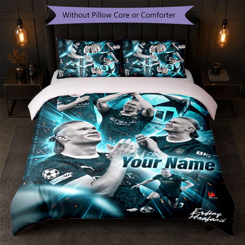 Set Biancheria da Letto Personalizzato con Nome Erling Haaland 1 Copripiumino + 2 Federe Logo Calcio Regalo Personalizzato per Occasioni Speciali Decorazione Camera da Letto