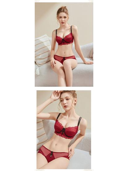 Red Lace Lingerie Set, Ultra-Thin Push-Up Bra, Flattering for Larger Busts, Pure Desire