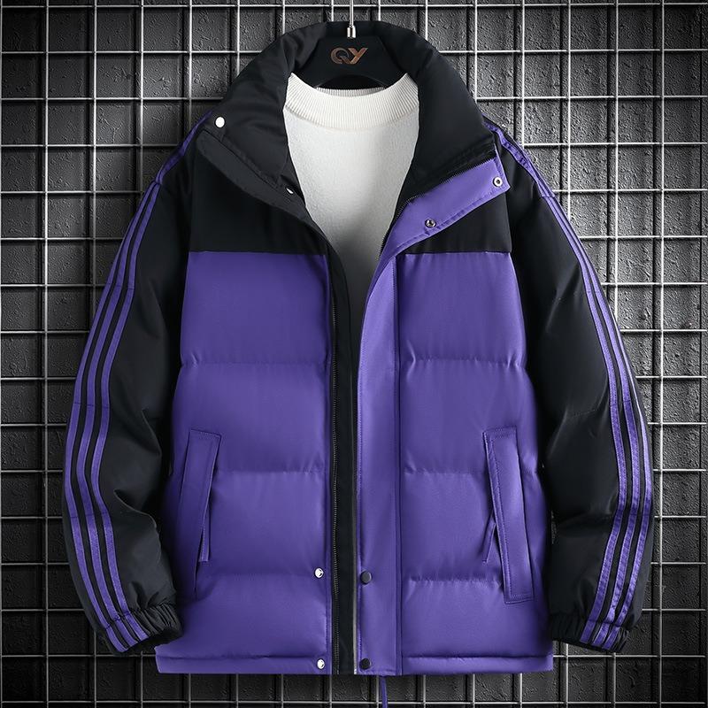 Three bars contrasting color cotton-padded clothes for men and women, winter new thickened warm stand-up collar windproof down cotton jacket