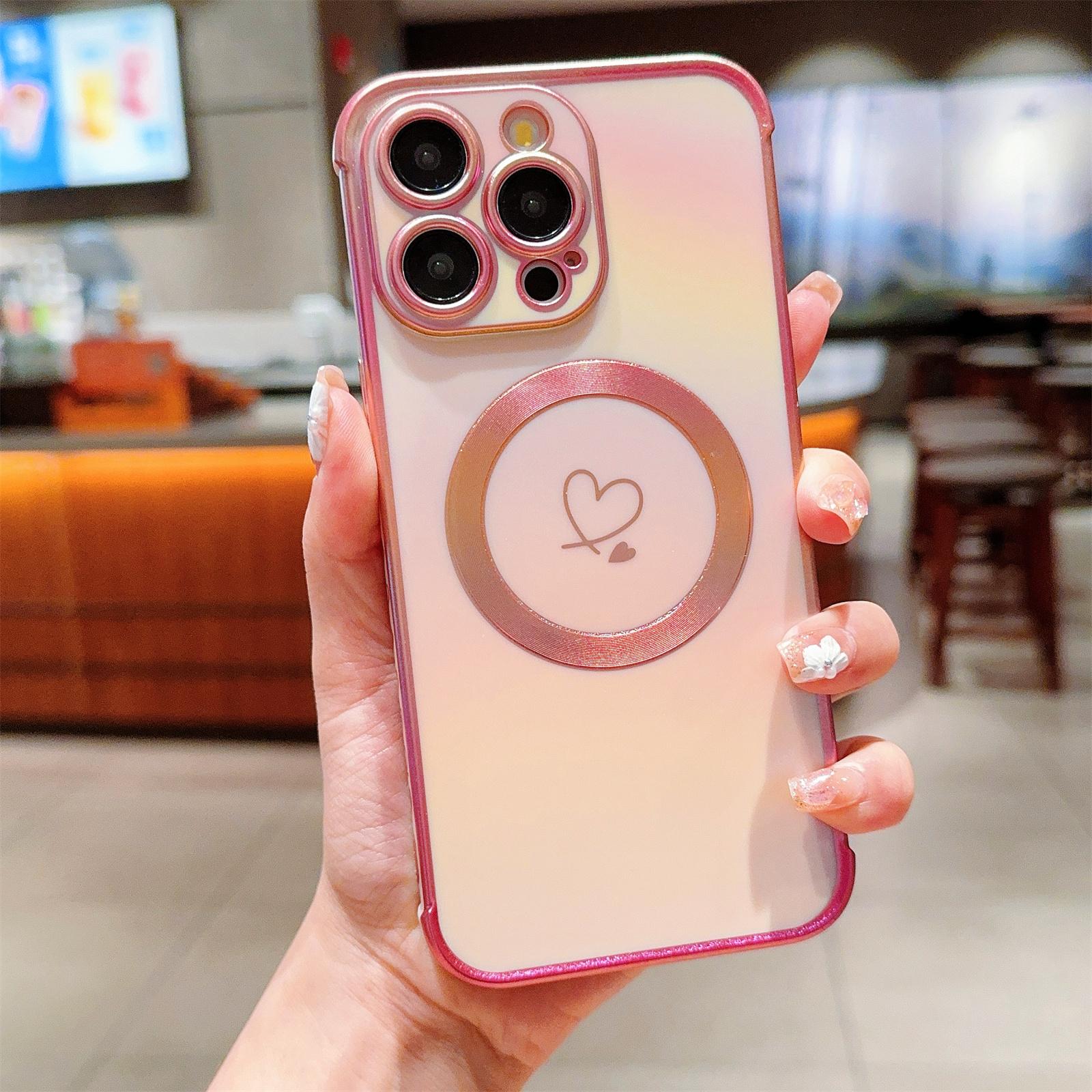 

For iPhone 15 Pro Max Magnetic Case TPU Love Heart Pattern Gradient Phone Cover Colorful Pink