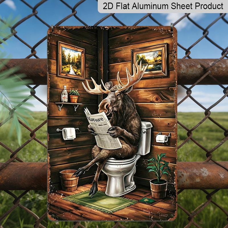 

2D Flat - Moose Reading Newspaper Funny Toilet 2D Flat Aluminum Sign - Rustic Bathroom Decor Bathroom Decor, Rustic Restroom, Farmhouse Toilet 20*30cm