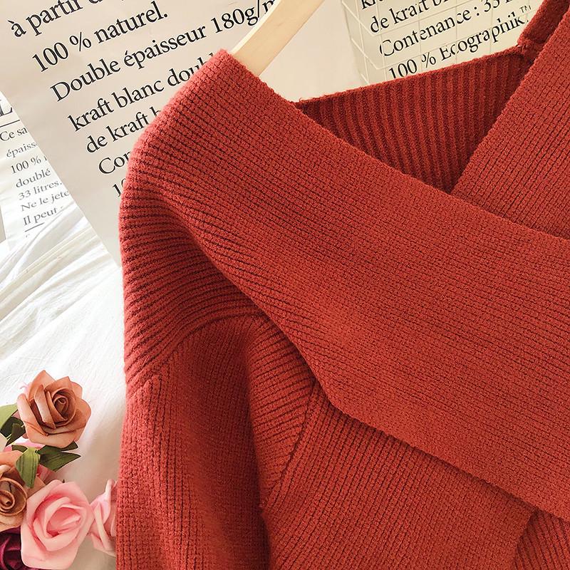 Women's Autumn/Winter 2021 Crossed Knit Short Sweater - Retro High Waist Loose Pullover.