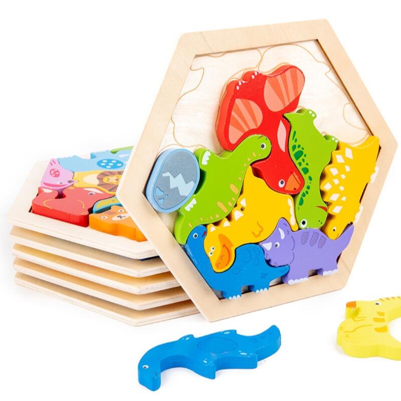Wooden 3D Puzzle Blocks Montessori Educational Toy Animals Vehicles Fruits Themed Cognitive Development Toddler Brain Game Safe Kids Learning Toy