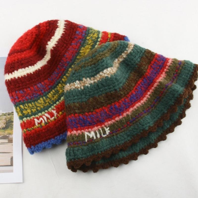 Rainbow Stripe Pattern Crochet Bucket Hat Ladies Commute Camping Fisherman Cap with Stripe Pattern for Girlfriend