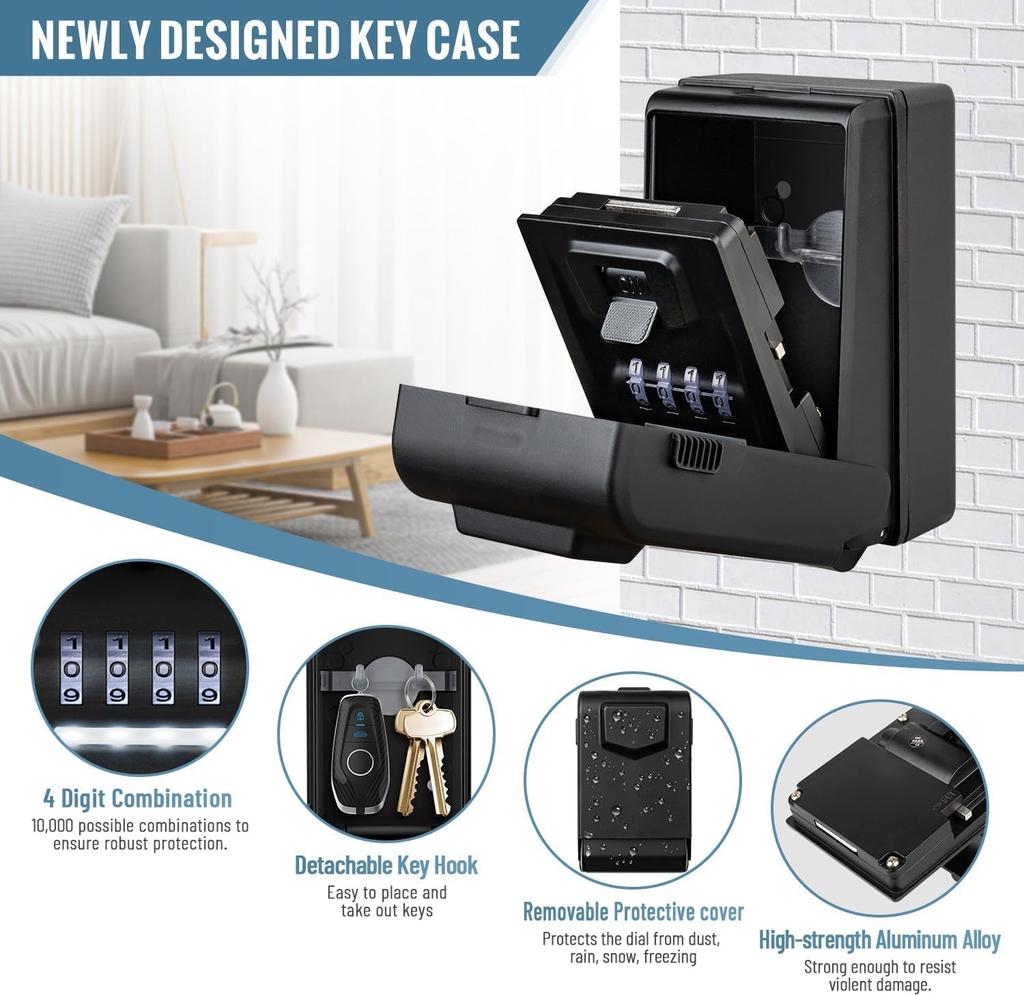 Outdoor Key Safe With Luminous Digital Code Waterproof Sturdy Key Box, Weatherproof Key Safe For Home, Garage, School, Office