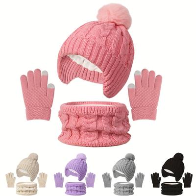 A Set of 3 Pieces of Children's Winter Hats, Scarves, and Gloves, a Three-Piece Warm Set, Knitted Solid Color Warm Elastic Hat, Neck Warmer, an