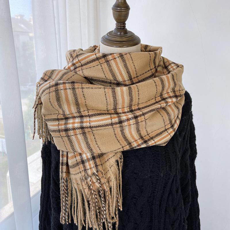Vintage British Plaid Striped Scarf Autumn Winter Thickened Warm Tassel Wrap Scarf Unisex Imitation Cashmere Coldproof Scarf