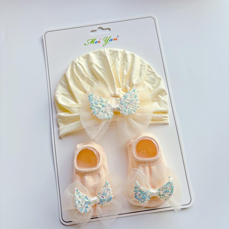 Flower Baby Turban Cap Socks Set Lace Bowknot Newborn Indian Hat Solid Cotton Kids Boat Sock Children Headwear Hair Accessories