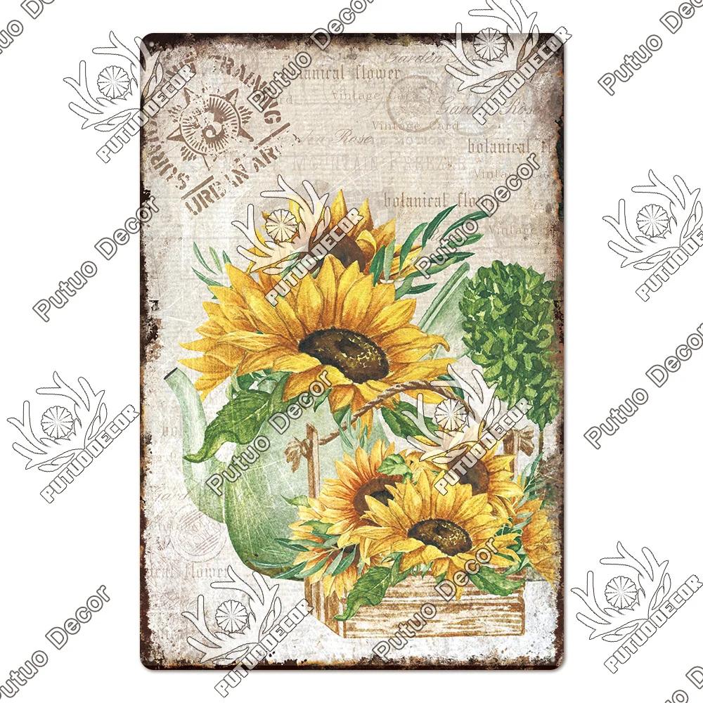 Putuo Decor Lavendel Metallskyltar Plåtposter Metall Vintage Solros Skyltar Retro Blomma Plåtskylt Tusensköna Väggdekor för Hem Trädgård