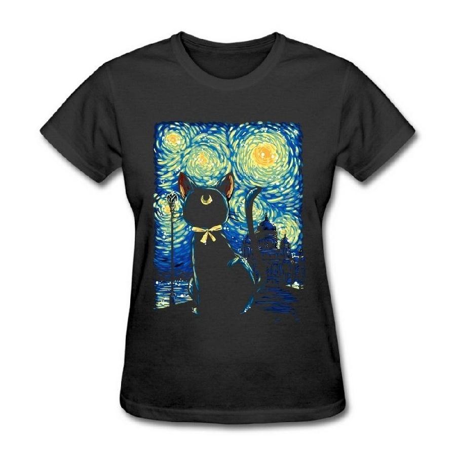 Женская черная футболка AICH Luna Cat Starry Night Sailor Moon Размер S S чёрный