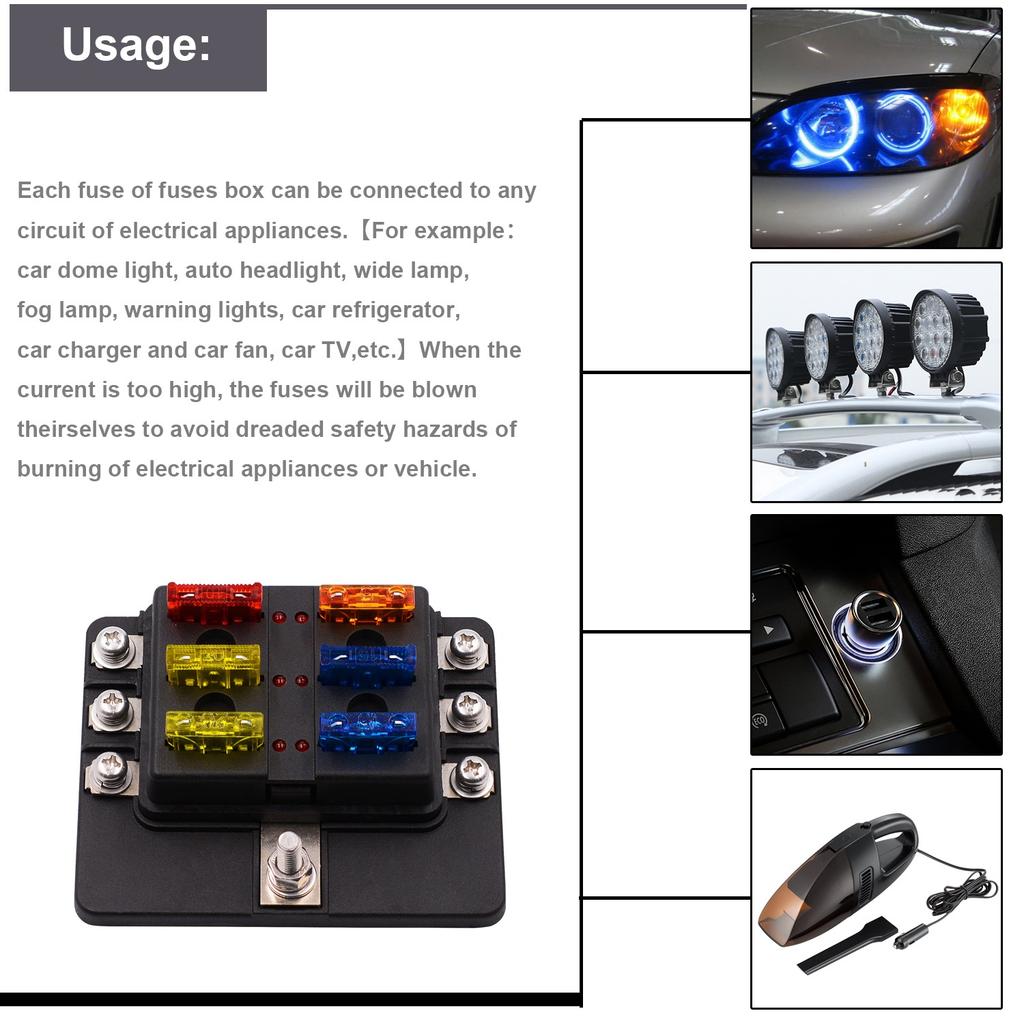 Protective Components Fuses and Accessories for Car Blade Fuse Box Holder 6 Ways Modified Terminal Block with LED Warning Light Electronic Accessories