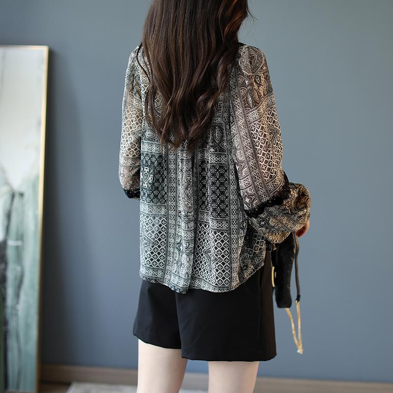 Thin Lace Patchwork Printed Chiffon Shirt for Women Long Sleeved Top Loose Spring T-shirt