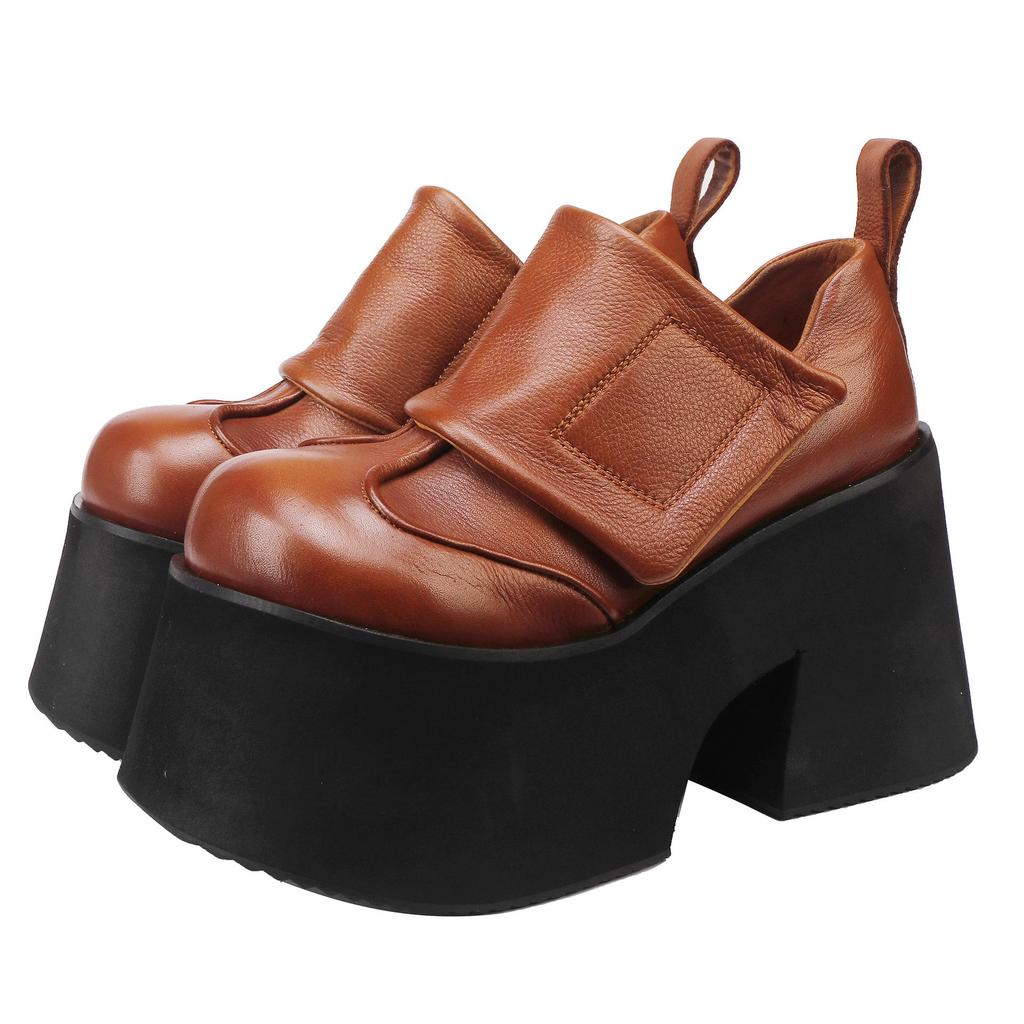 Women's Genuine Leather Platform Shoes 2025: Autumn/Winter Pure Cowhide Petite Height-Increasing Hook & Loop Single Shoes